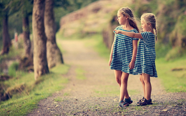 Two girls standing road woods free wallpaper for desktop - medium preview image