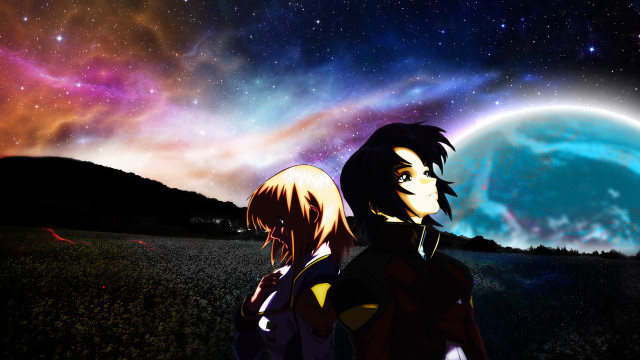 Anime characters stargazing planet background free wallpaper for desktop - medium preview image