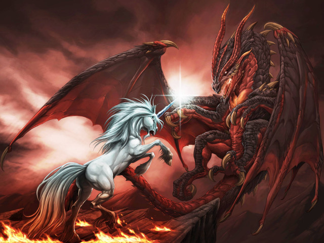 White horse red dragon fire free wallpaper for desktop - medium preview image