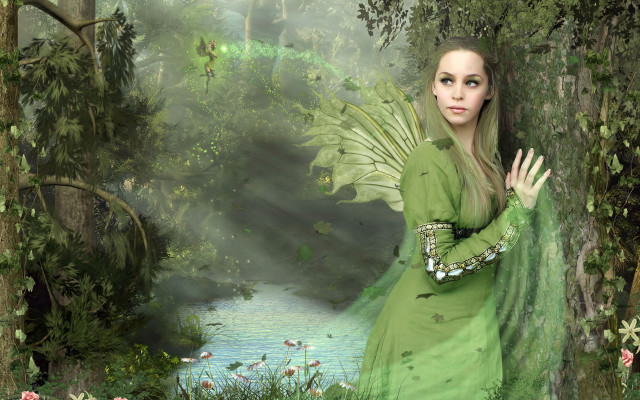 Woman green dress forest stream free wallpaper for desktop - medium preview image