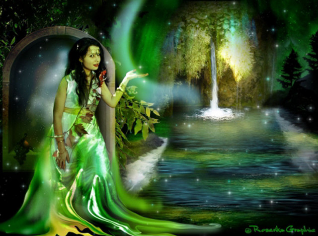 Woman green dress waterfall background free wallpaper for desktop - medium preview image