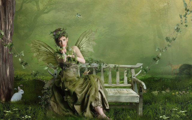 Woman green dress bench forest free wallpaper for desktop - medium preview image
