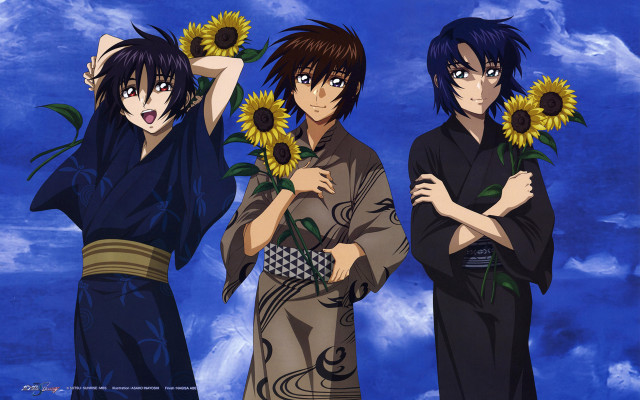 Anime characters sunflowers blue sky free wallpaper for desktop - medium preview image