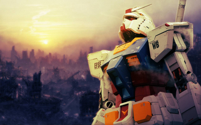 Robot suit city skyline sunset free wallpaper for desktop - medium preview image