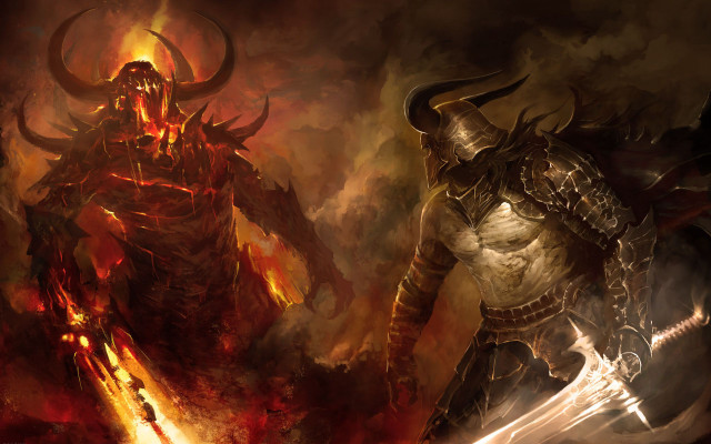 Demonic men horns armor fire free wallpaper for desktop - medium preview image