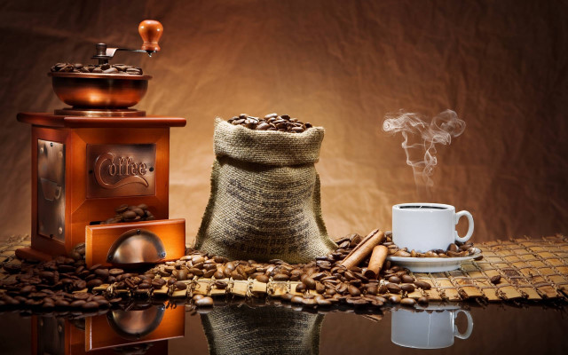 Coffee beans cup grinder steaming free wallpaper for desktop - medium preview image