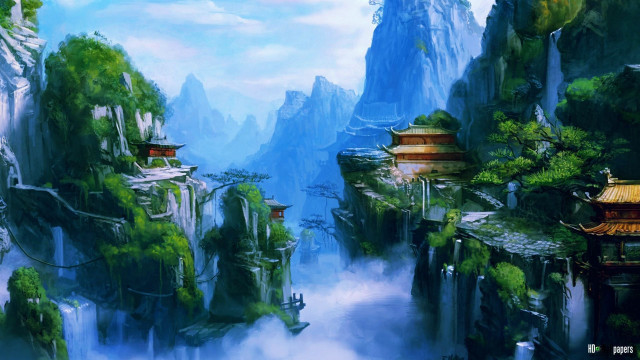 Mountain landscape river pagoda painting #2 free wallpaper for desktop - medium preview image