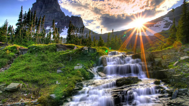 Waterfall mountain sunbeam greenfield fantasy free wallpaper for desktop - medium preview image