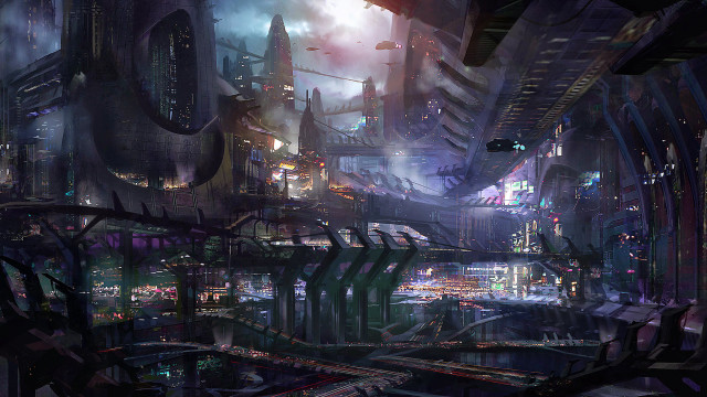 Futuristic city night lights buildings free wallpaper for desktop - medium preview image