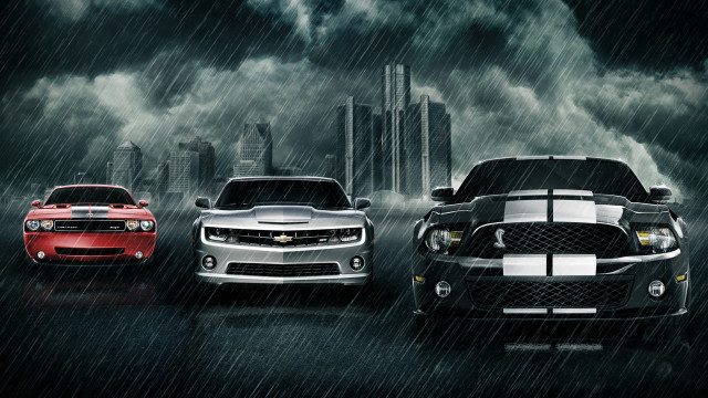 Cars rain city skyline skyscrapers free wallpaper for desktop - medium preview image