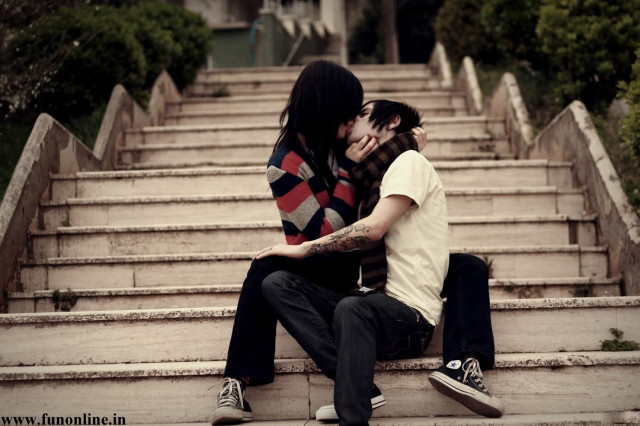 Man woman kissing stairs hands free wallpaper for desktop - medium preview image