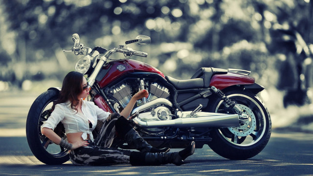 Woman sitting motorcycle street trees #3 free wallpaper for desktop - medium preview image