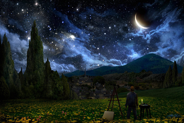 Man field easel painting night #2 free wallpaper for desktop - medium preview image