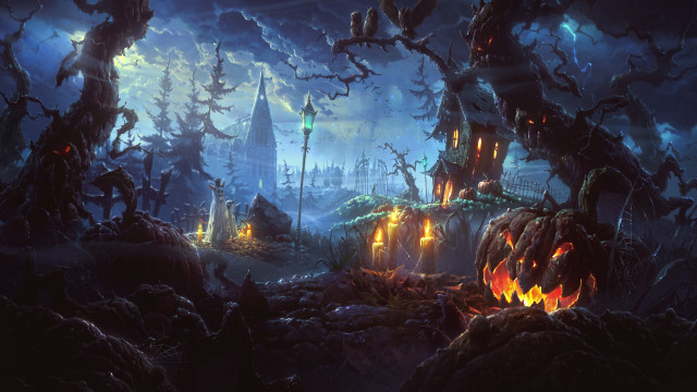 Dark forest pumpkins castle full free wallpaper for desktop - medium preview image