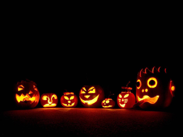 Pumpkins carved faces dark night free wallpaper for desktop - medium preview image