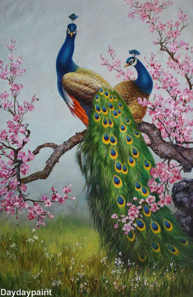 Peacocks tree branch pink flowers free wallpaper for mobile - medium preview image