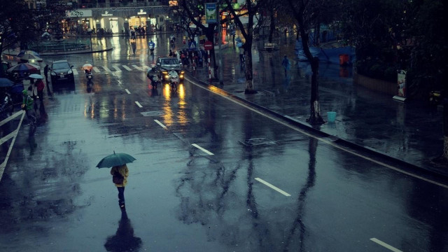 Person umbrella walking street rainy free wallpaper for desktop - medium preview image