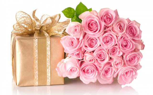Gift box pink roses white free wallpaper for desktop - medium preview image