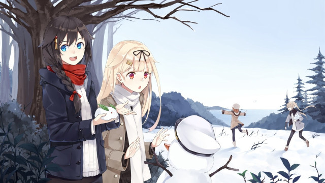 Anime characters snow tree snowman free wallpaper for desktop - medium preview image