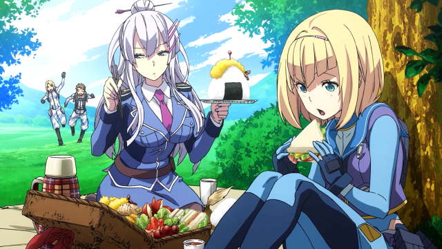 Anime girls bench food fruit free wallpaper for desktop - medium preview image