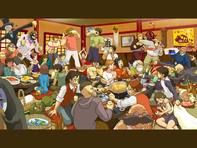 Gathered people table eating food free wallpaper for desktop - medium preview image