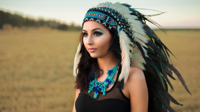 Woman headdress feathered head field free wallpaper for desktop - medium preview image