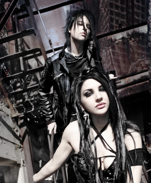 Goth couple posing stairwell building free wallpaper for mobile - medium preview image