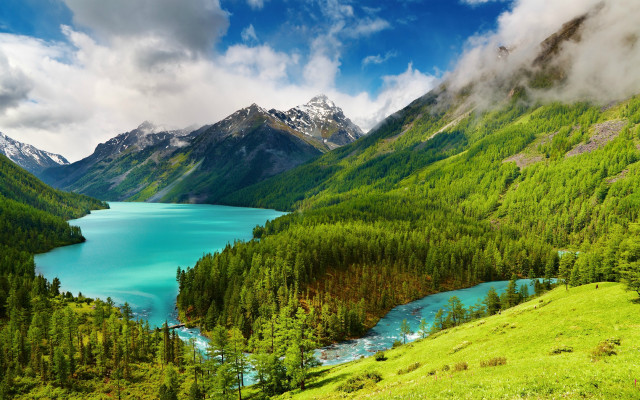 Mountain lake green trees cloudy #3 free wallpaper for desktop - medium preview image