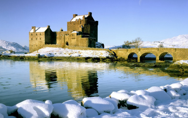 Castle bridge lake snow ground free wallpaper for desktop - medium preview image