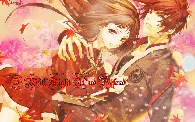 Anime couple hugging leaves words free wallpaper for desktop - medium preview image