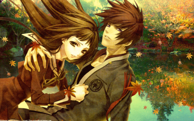Anime couple pond trees leaves free wallpaper for desktop - medium preview image