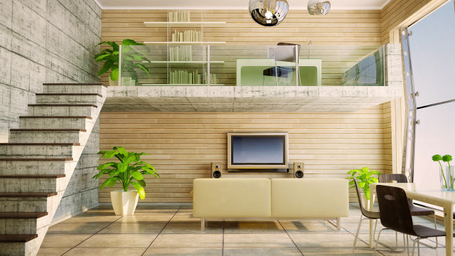 Living room tv staircase balcony free wallpaper for desktop - medium preview image