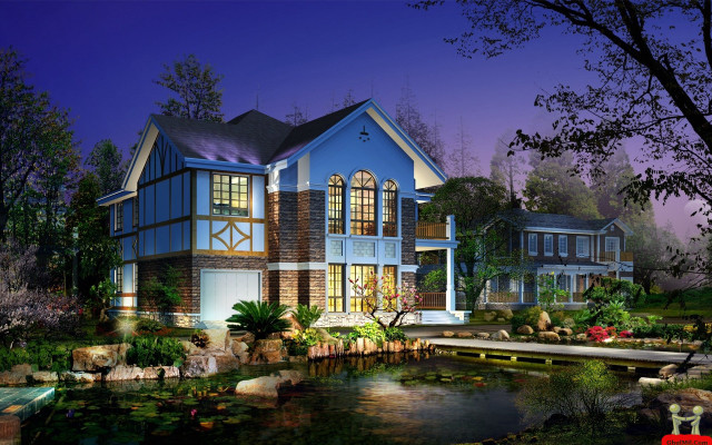 Large blue house pond night #2 free wallpaper for desktop - medium preview image