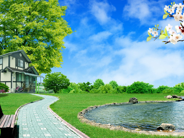 Woman bench house lake tree free wallpaper for desktop - medium preview image