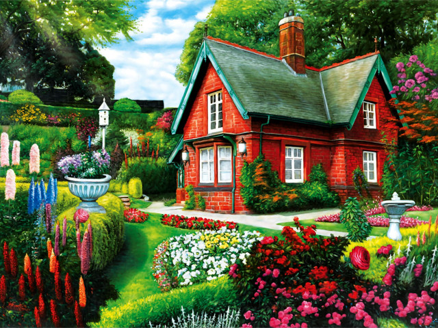 Red house flowers trees garden free wallpaper for desktop - medium preview image