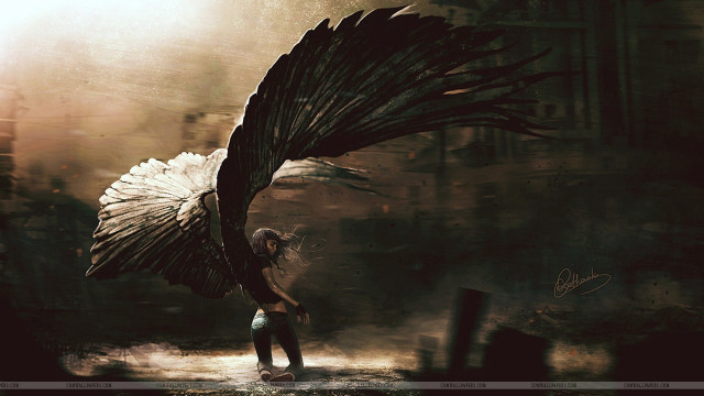 Woman black bird wings building free wallpaper for desktop - medium preview image