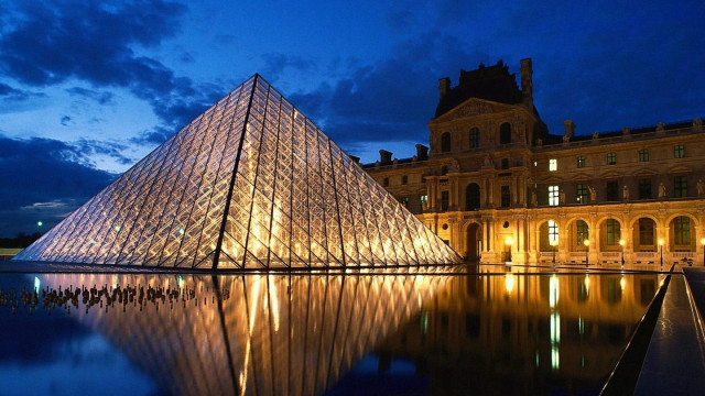 Large glass pyramid night building free wallpaper for desktop - medium preview image