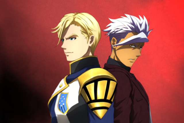 Anime characters standing red background free wallpaper for desktop - medium preview image