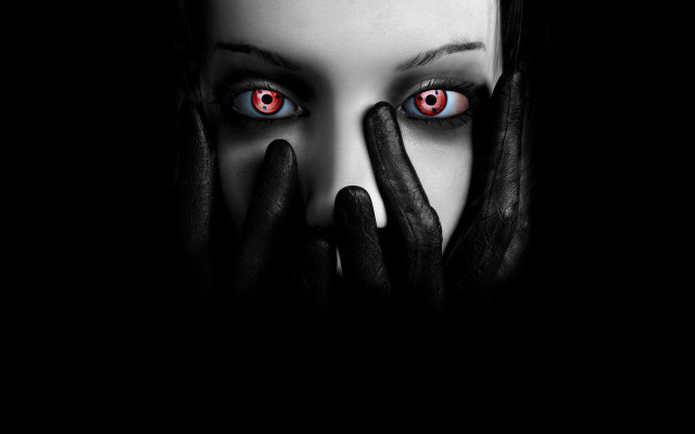 Woman red eyes black hands free wallpaper for desktop - medium preview image
