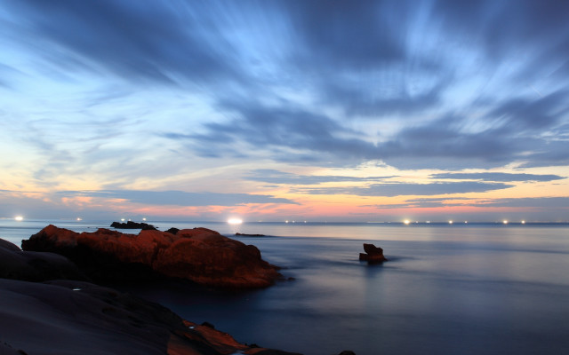 Water rocks clouds lights sky free wallpaper for desktop - medium preview image