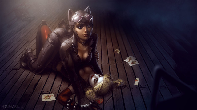Woman cat suit deck cards free wallpaper for desktop - medium preview image