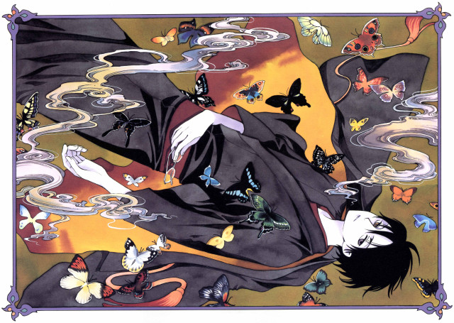 Woman black coat butterflies surrounded free wallpaper for desktop - medium preview image