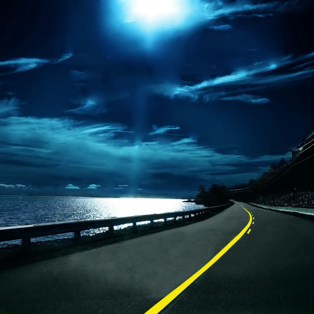 Road yellow line ocean sun free wallpaper for tablet - medium preview image