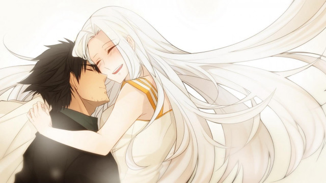 Anime couple hugging white hair free wallpaper for desktop - medium preview image