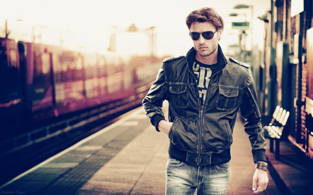 Man leather jacket sunglasses train free wallpaper for desktop - medium preview image
