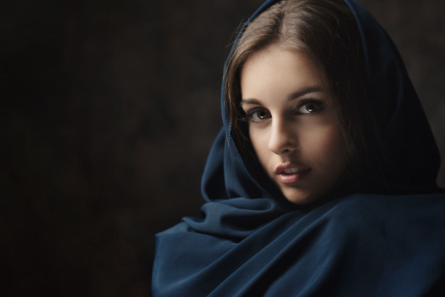 Woman blue shawl black background free wallpaper for desktop - medium preview image