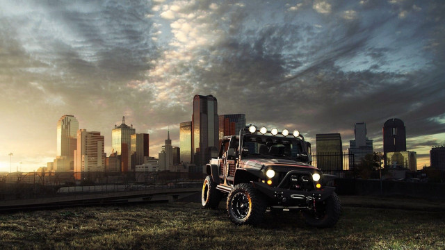 Jeep parked field city sunset #2 free wallpaper for desktop - medium preview image