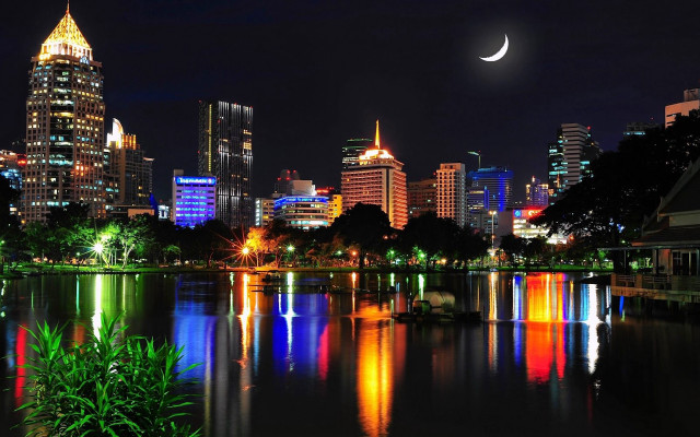 City skyline moon lake reflection free wallpaper for desktop - medium preview image