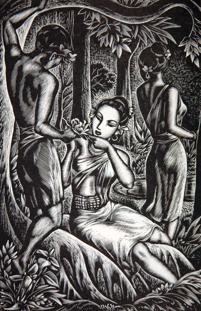 Woman sitting forest two men free wallpaper for mobile - medium preview image