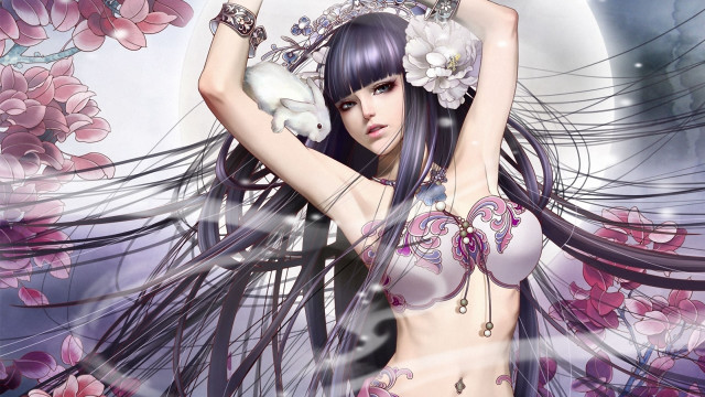 Woman whitecat purpledress anne stokes free wallpaper for desktop - medium preview image